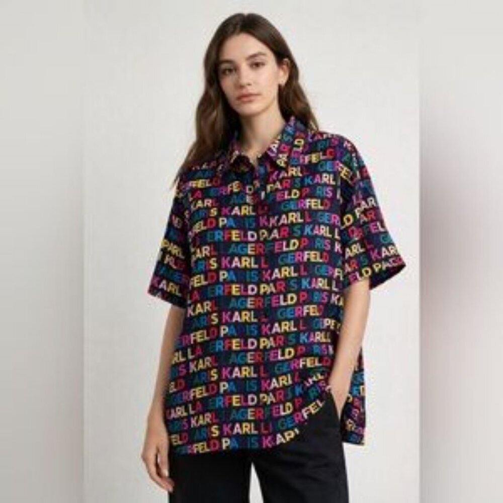 Karl Lagerfeld Paris Multicolor Logo Print Black Oversized Button Down 2X